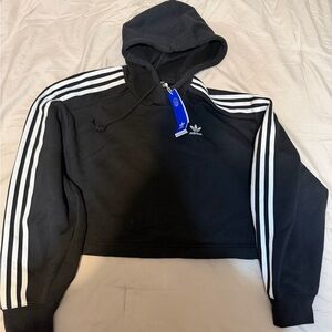 Black Adidas Cropped Hoodie with White Stripes